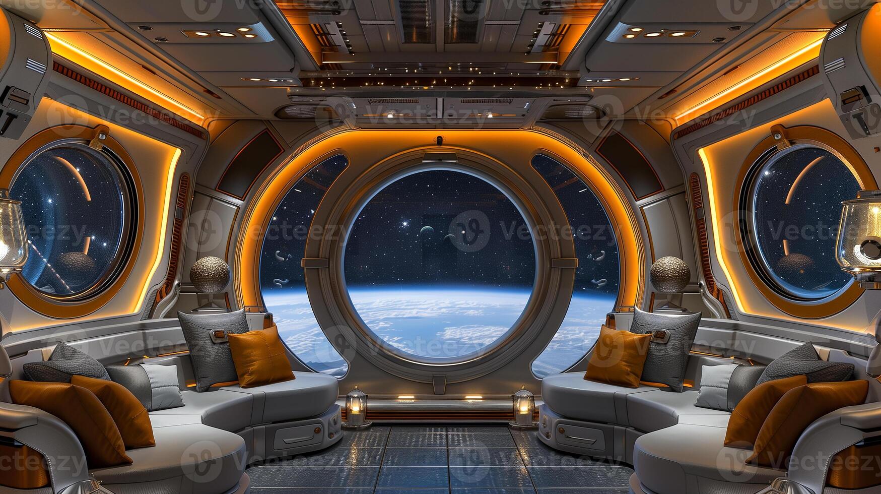 This Relax in a luxurious space hotel with a stunning view of Earth from the window in suborbital space. photo