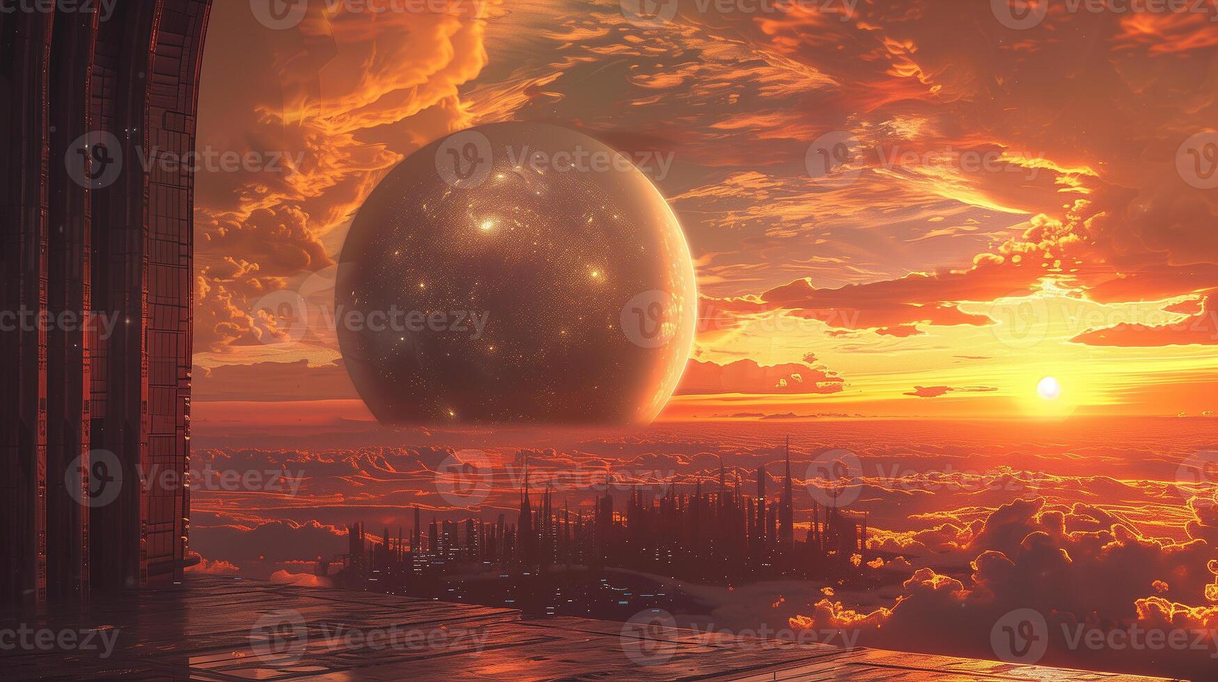This Passengers enjoy breathtaking vistas of a distant planet and a sunset over a cosmic horizon. photo