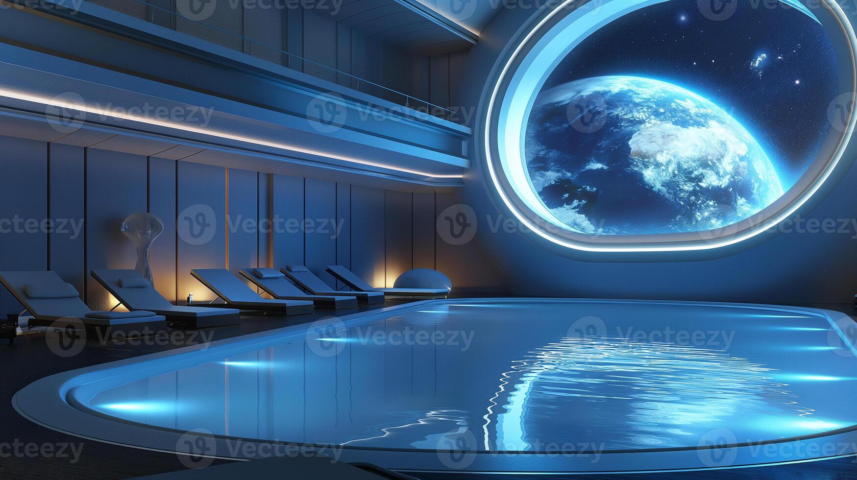 This Guests enjoy a serene moment by the pool, overlooking Earth from a luxurious space hotel. photo
