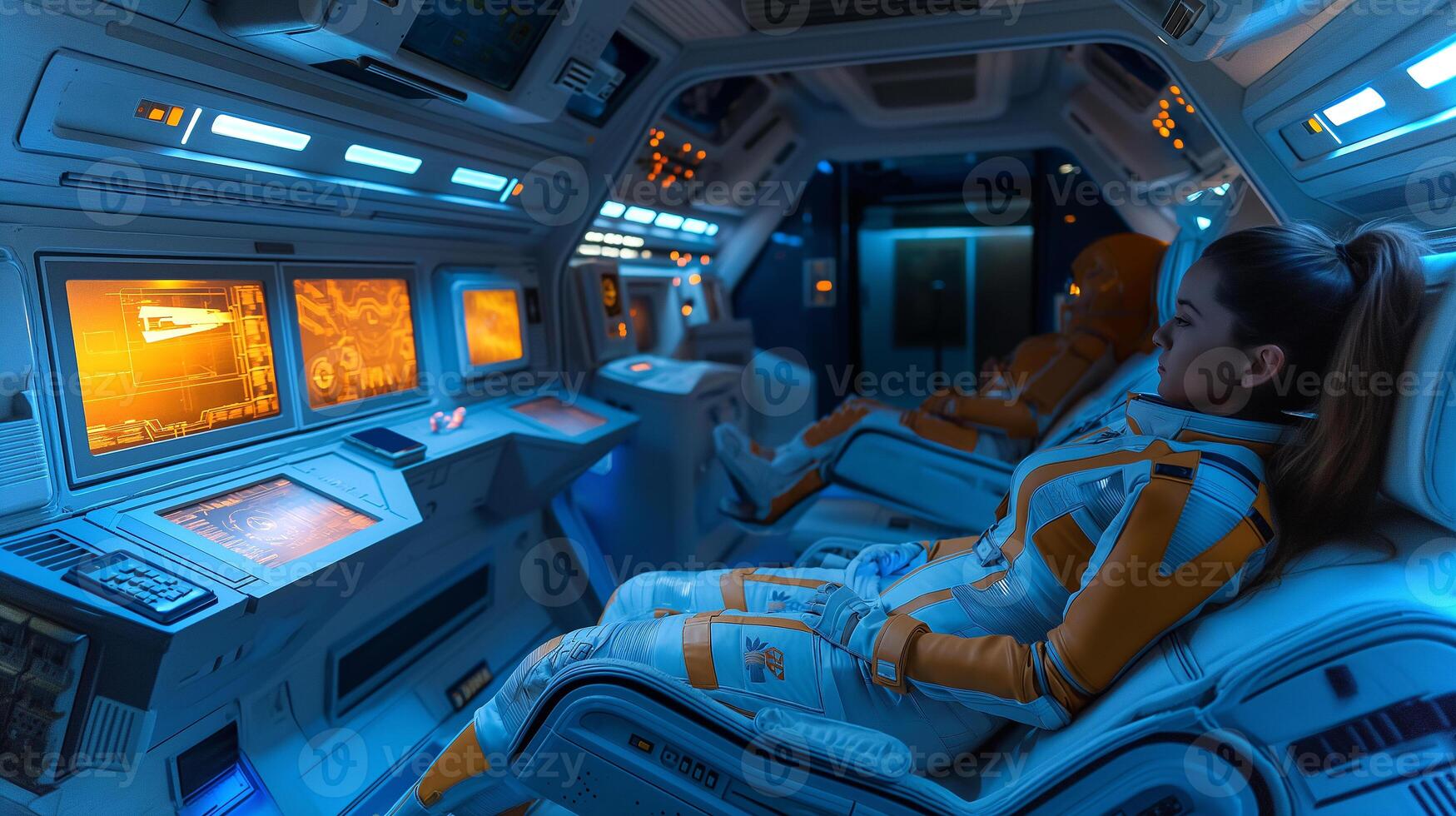 This Passengers enjoy a high-tech spaceplane cockpit while preparing for suborbital flight. photo