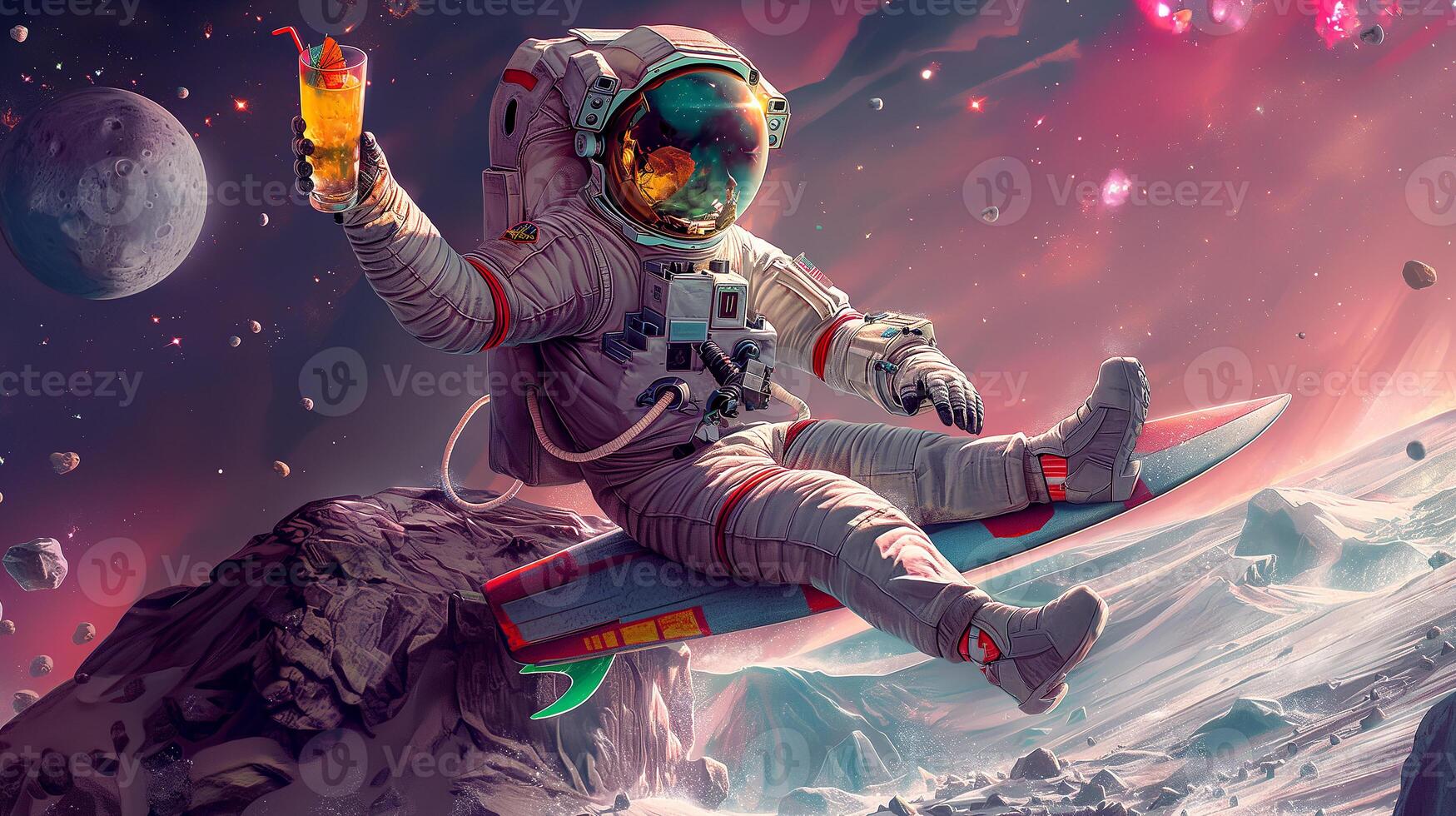 This astronaut surfs through space, drink in hand, amid celestial bodies and asteroids. photo