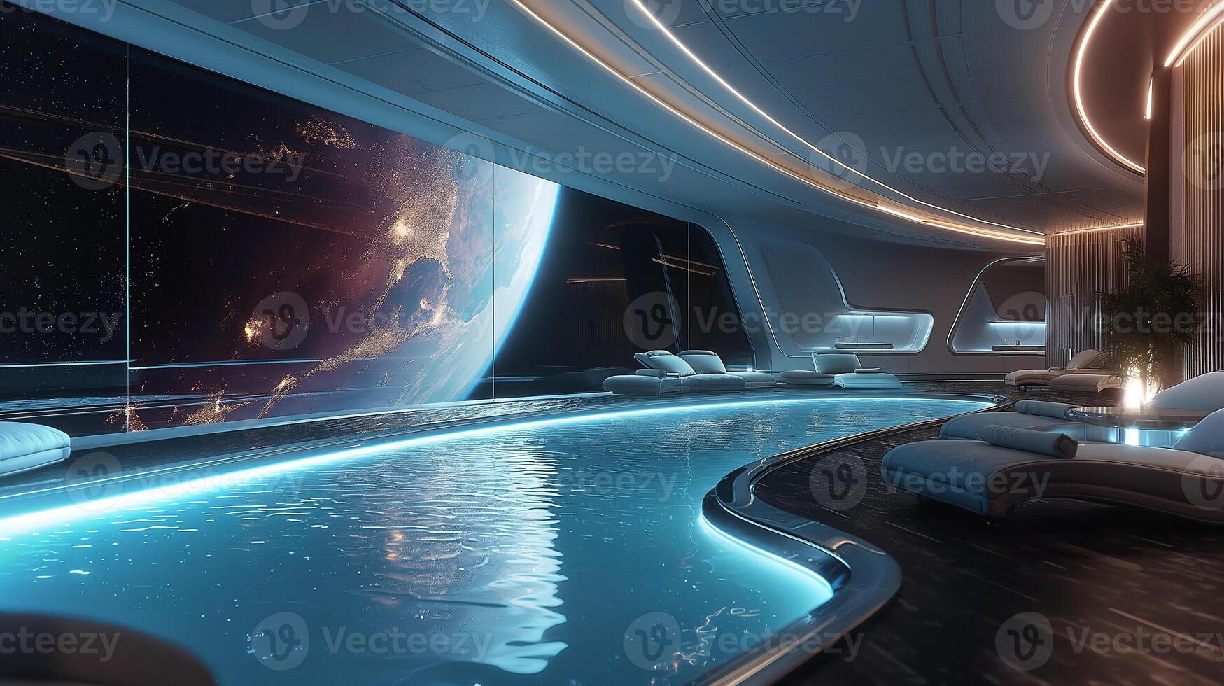 This futuristic hotel features a zero gravity pool and breathtaking views of distant galaxies. photo