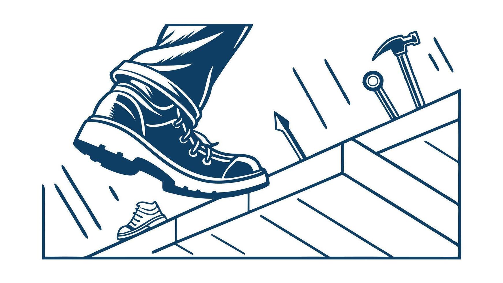 Construction Workers Boot Crushing Small Shoe, Tools Nearby vector