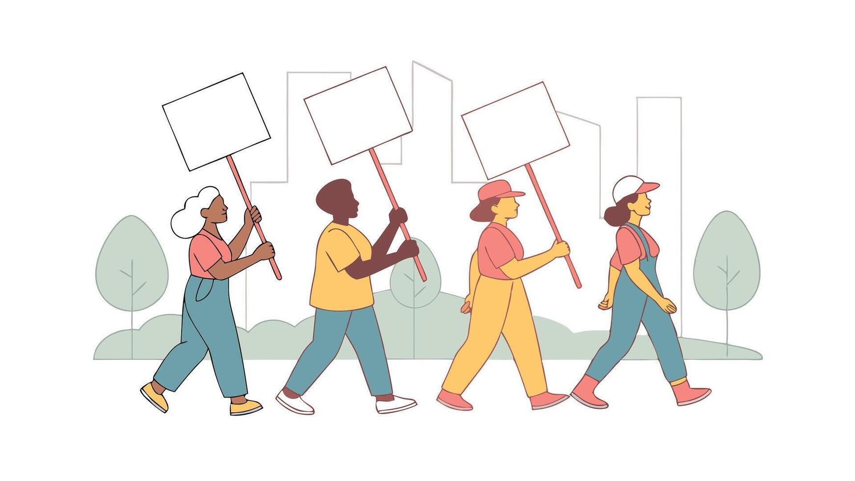 Diverse People Marching Urban Protest Blank Signs Demonstration vector