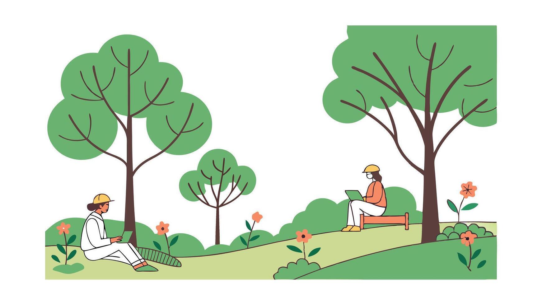 Outdoor Workspace Two People Working Remotely in a Park vector