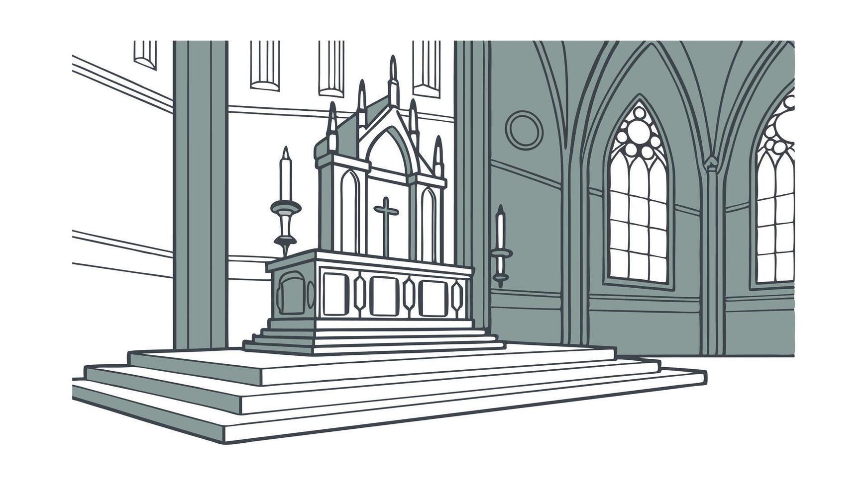 Church Altar Gothic Architecture Design Steps Candlesticks Cross Sanctuary vector