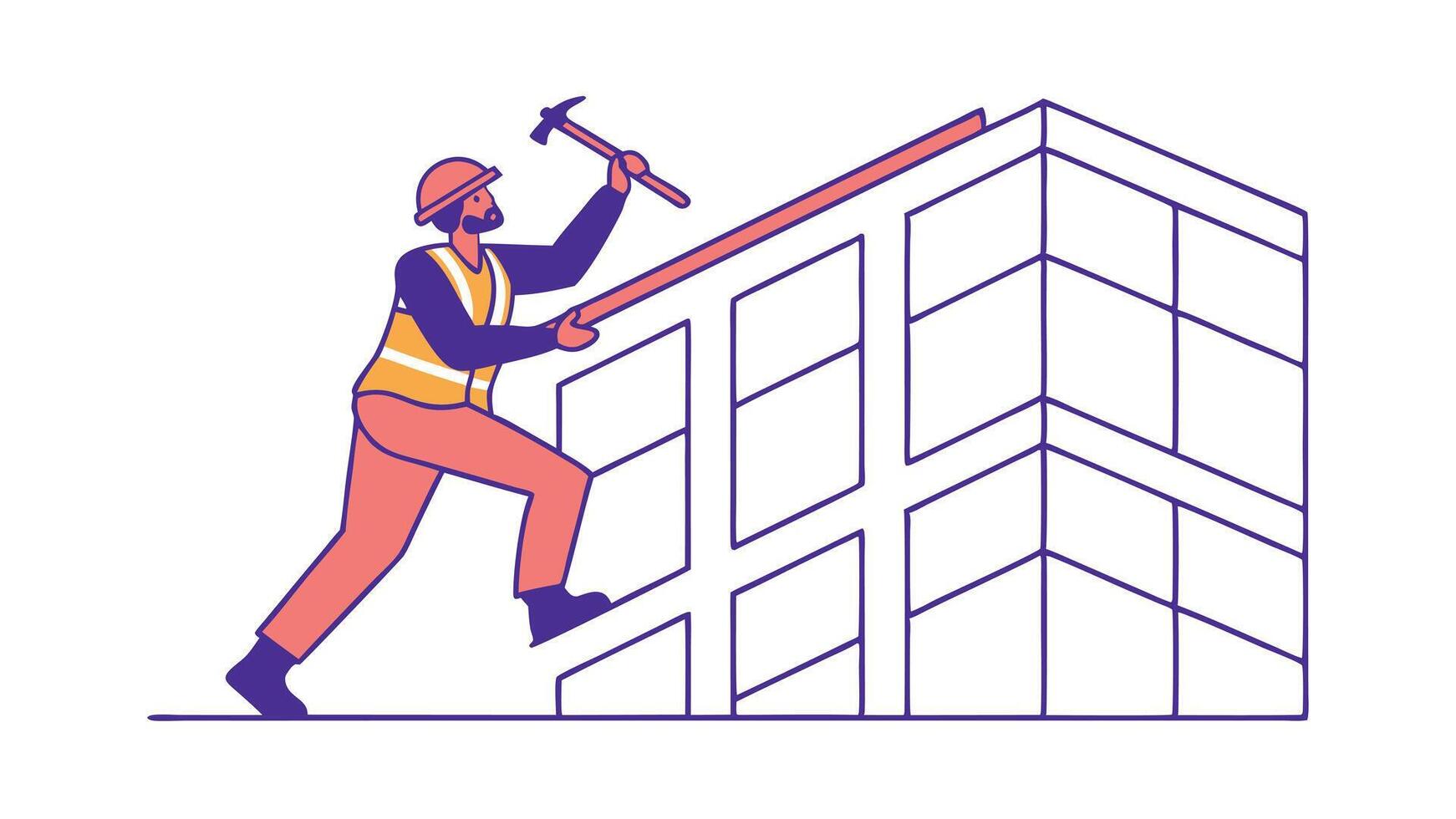 Construction Worker Building Modern Skyscraper Structure Hammer Beam vector