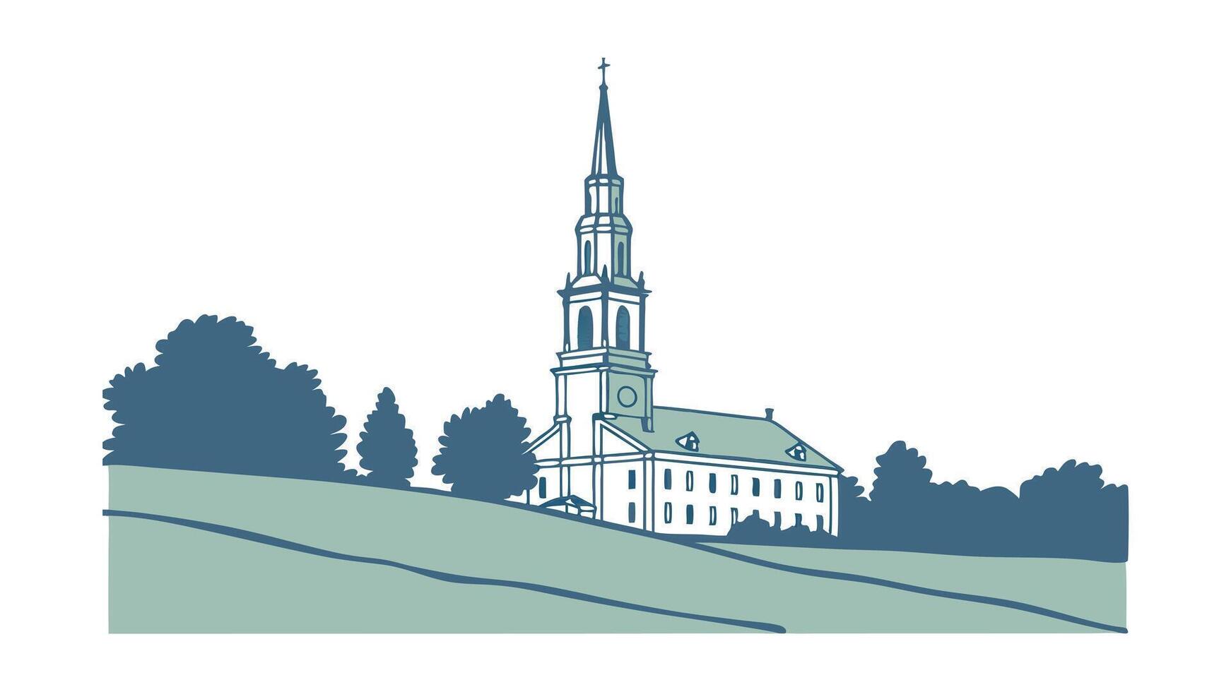 Church Steeple Hillside Landscape Drawing Trees Architecture vector
