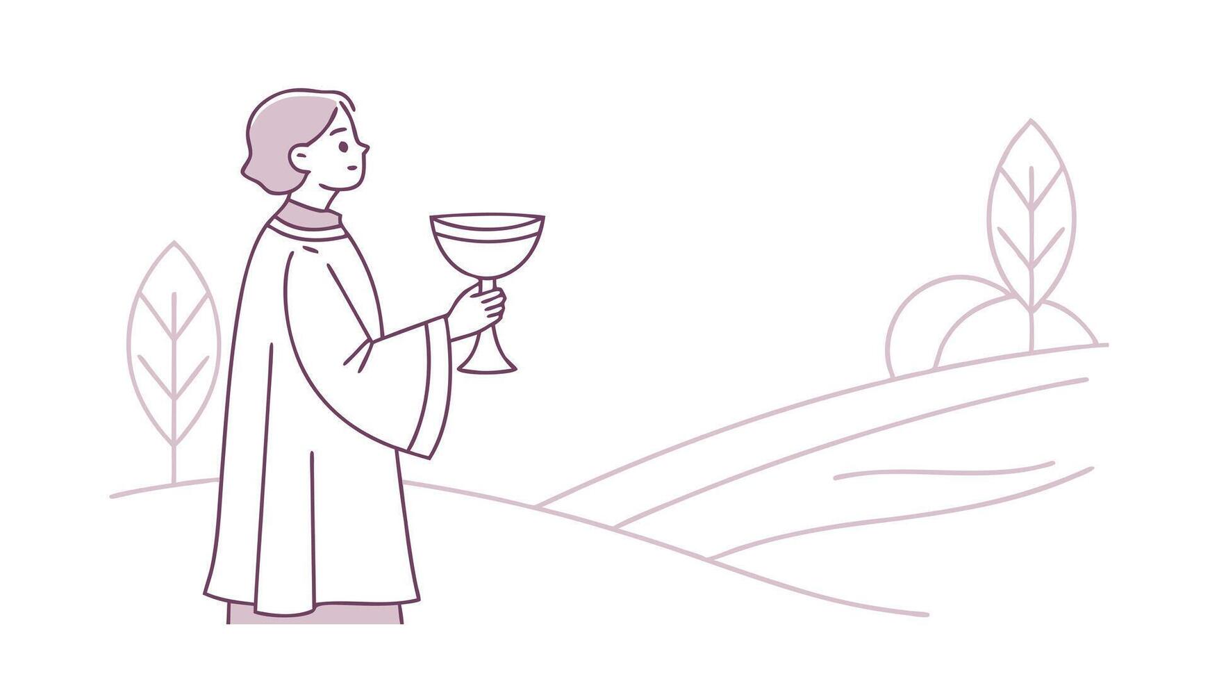 Woman in Robe Holds Chalice Outdoors, Peaceful Landscape vector