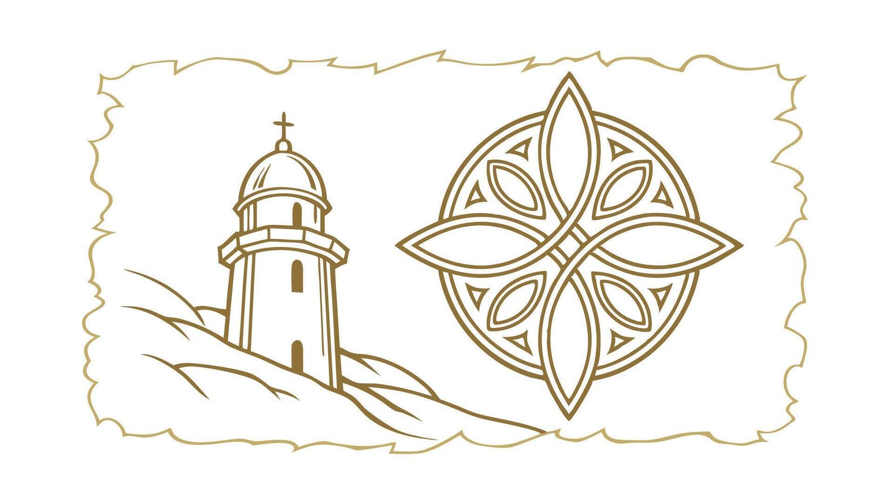 Religious Celtic Knot Tower Hilltop Design Art Graphic vector