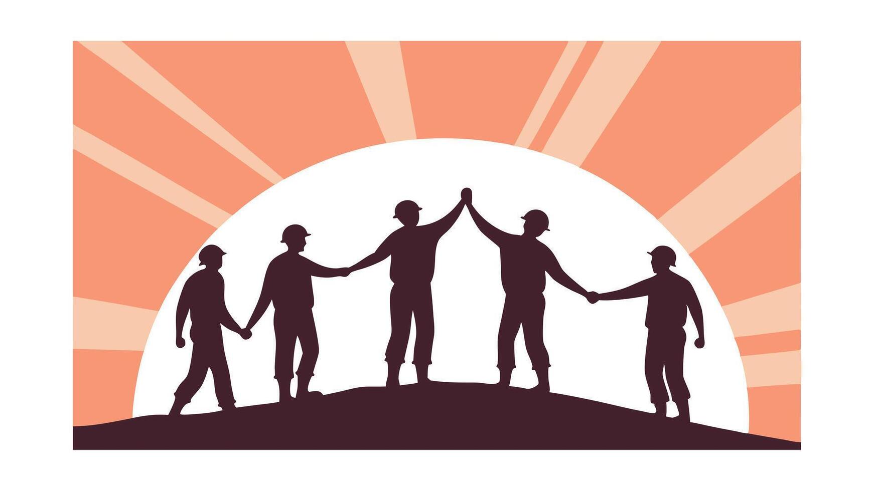 Teamwork Unity Success Construction Workers Silhouette Sunrise vector