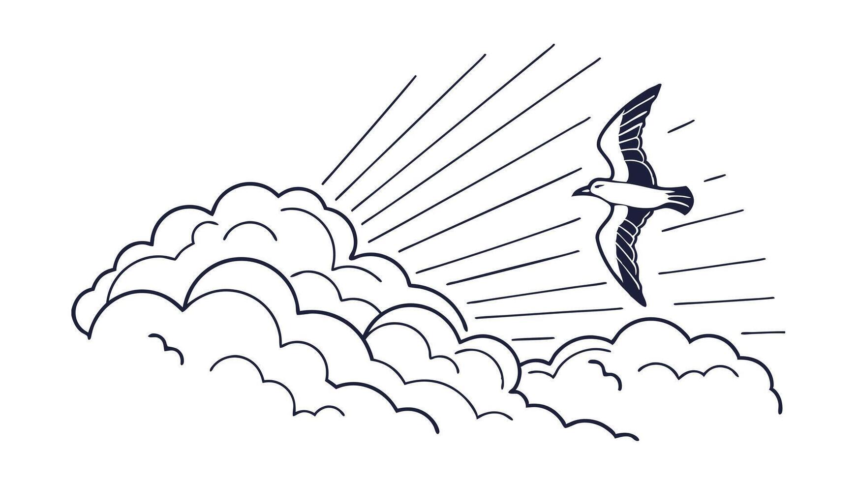 Seagull Soaring Through Sunbeams Above Fluffy Cloudscape vector