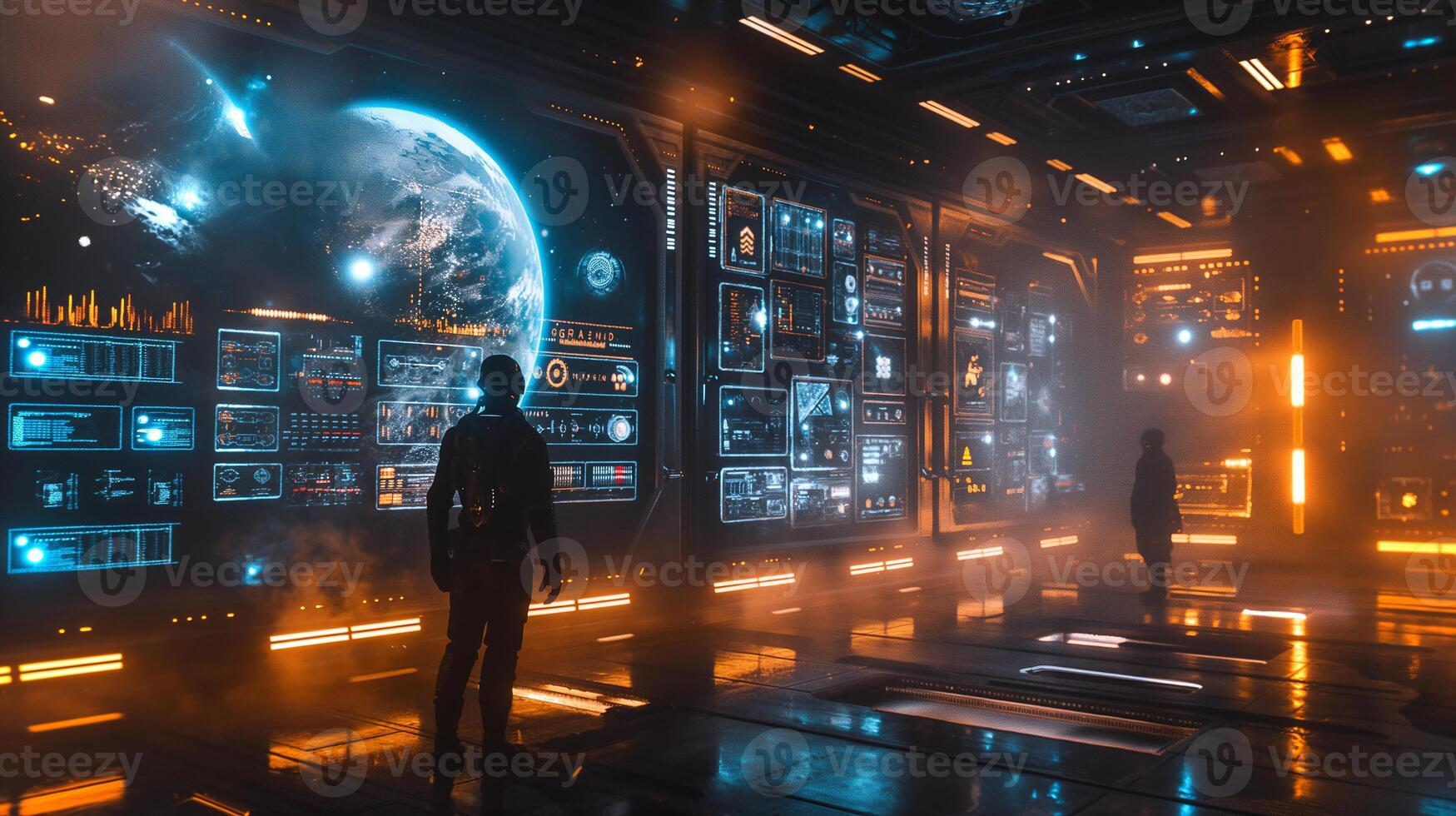 This Two figures observe Earth from a high-tech control room designed for space tourism activities. photo