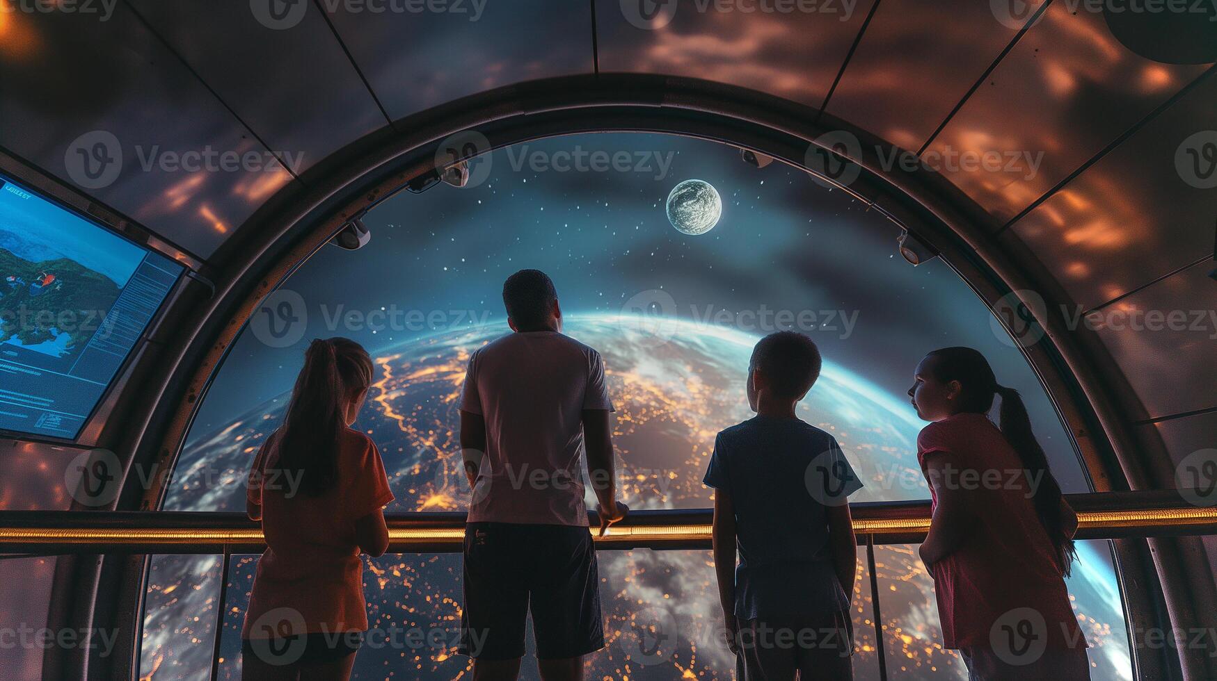 This Kids watch Earth and the moon during a unique space tourism experience. photo