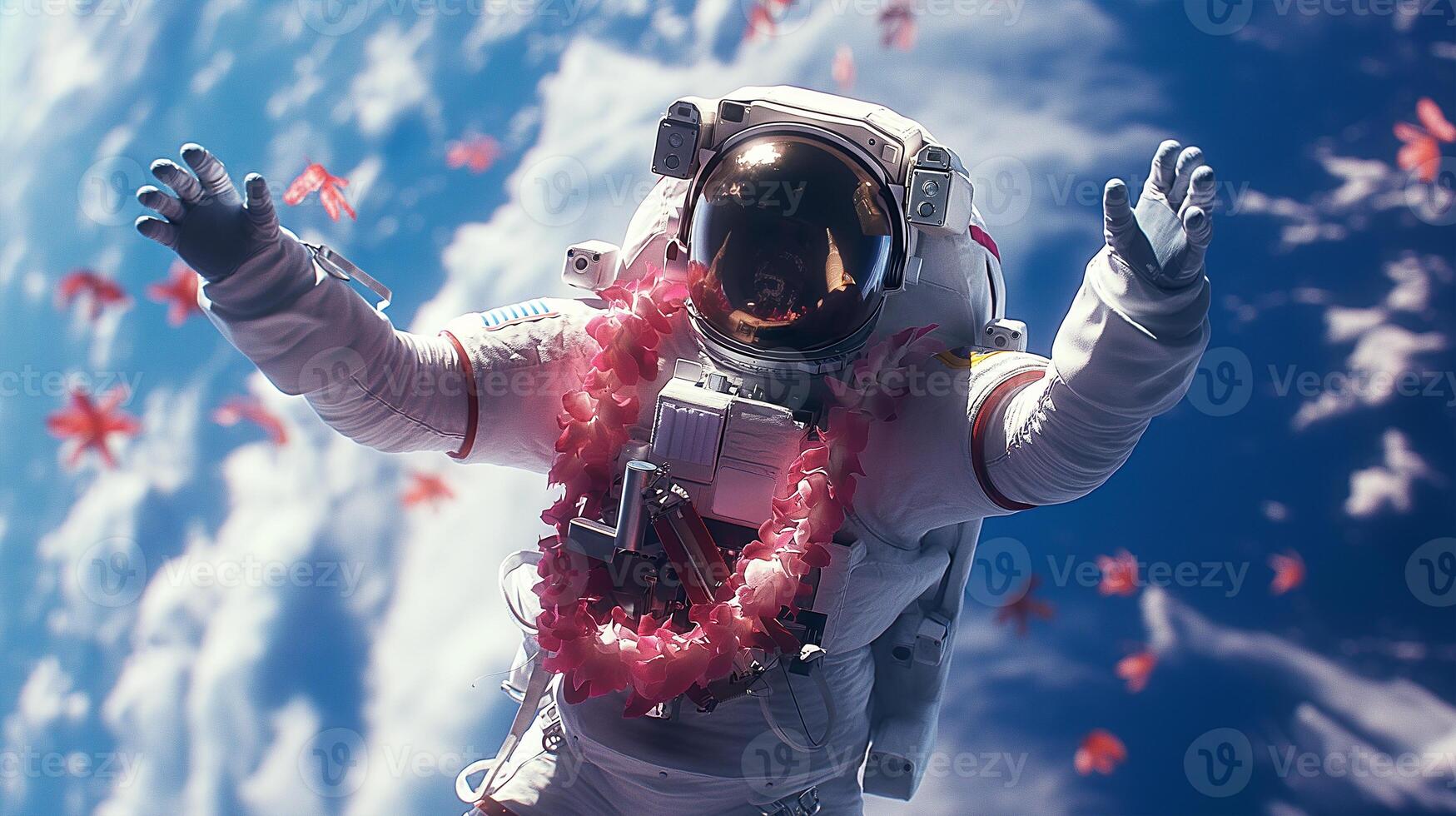 This astronaut joyfully floats in zero gravity while being showered with flowers in space. photo