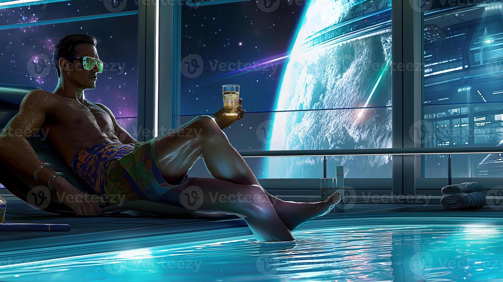 This Relaxing by the pool in a space hotel while enjoying breathtaking views of Earth and the cosmos. photo