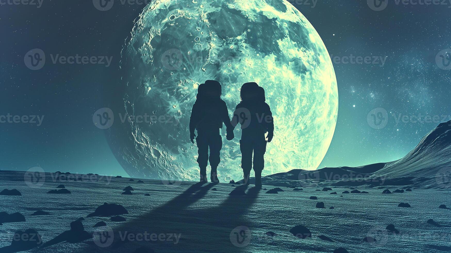 This Two astronauts walk hand in hand on the moon's surface, illuminated by the bright moon above. photo