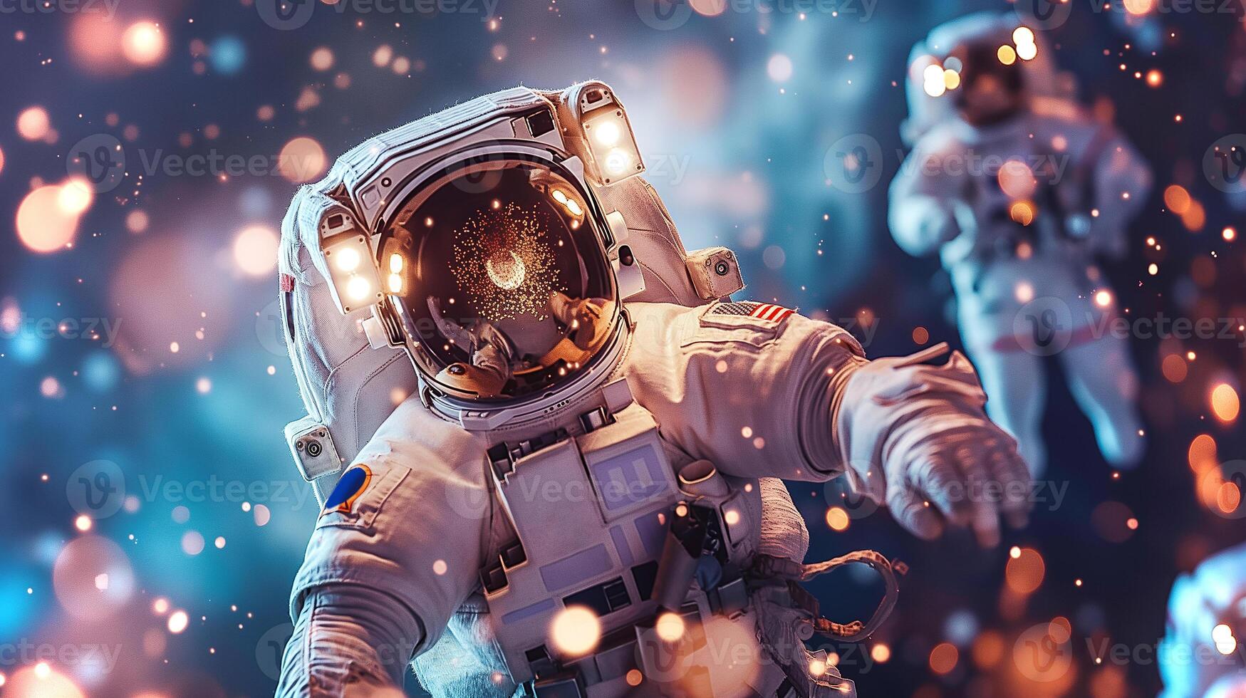This Astronauts float effortlessly in zero gravity while experiencing space tourism. photo