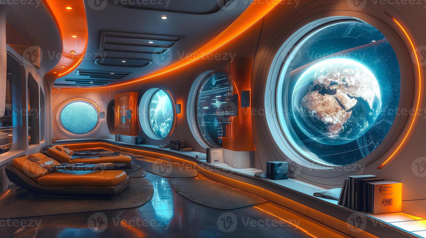 This Spacious lounge with large windows showcasing Earth, designed for suborbital space travelers. photo