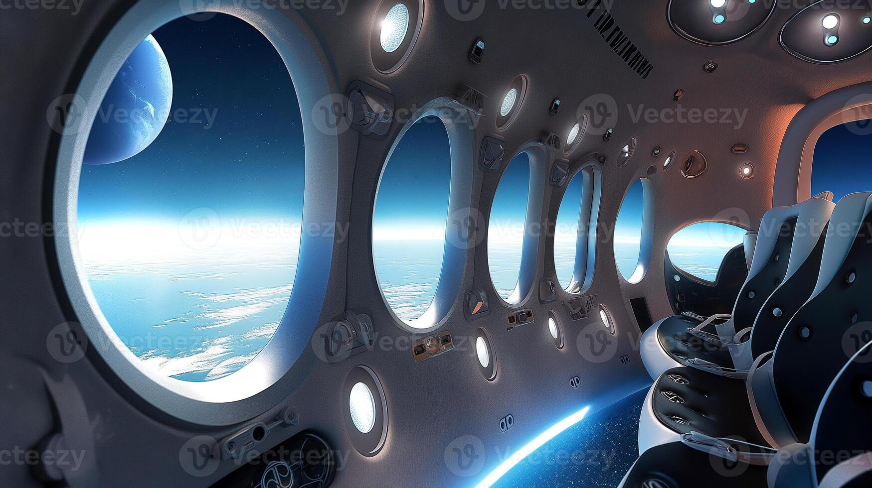 This Passengers enjoy breathtaking views of Earth and distant planets from a luxurious spaceplane. photo
