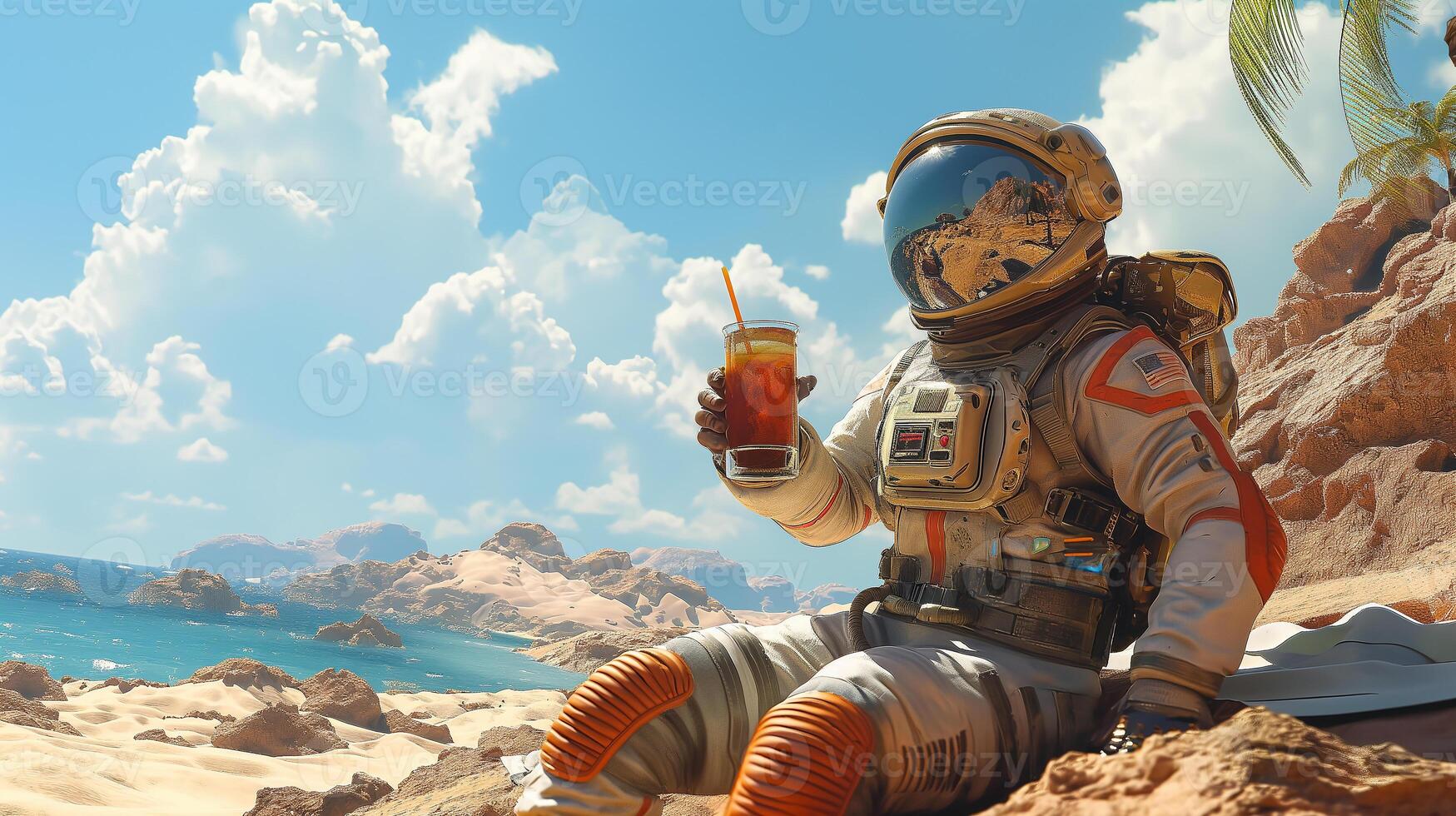 This astronaut relaxes on a sandy beach, sipping a cold drink in an alien landscape. photo