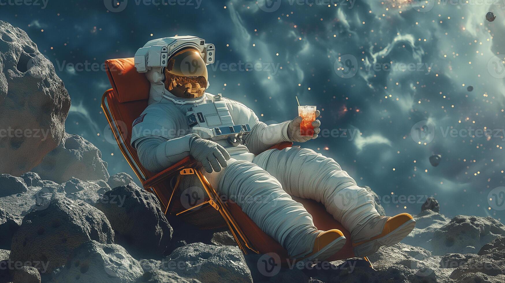 This astronaut relaxes on an asteroid with a drink, enjoying the vastness of space and weightlessness. photo