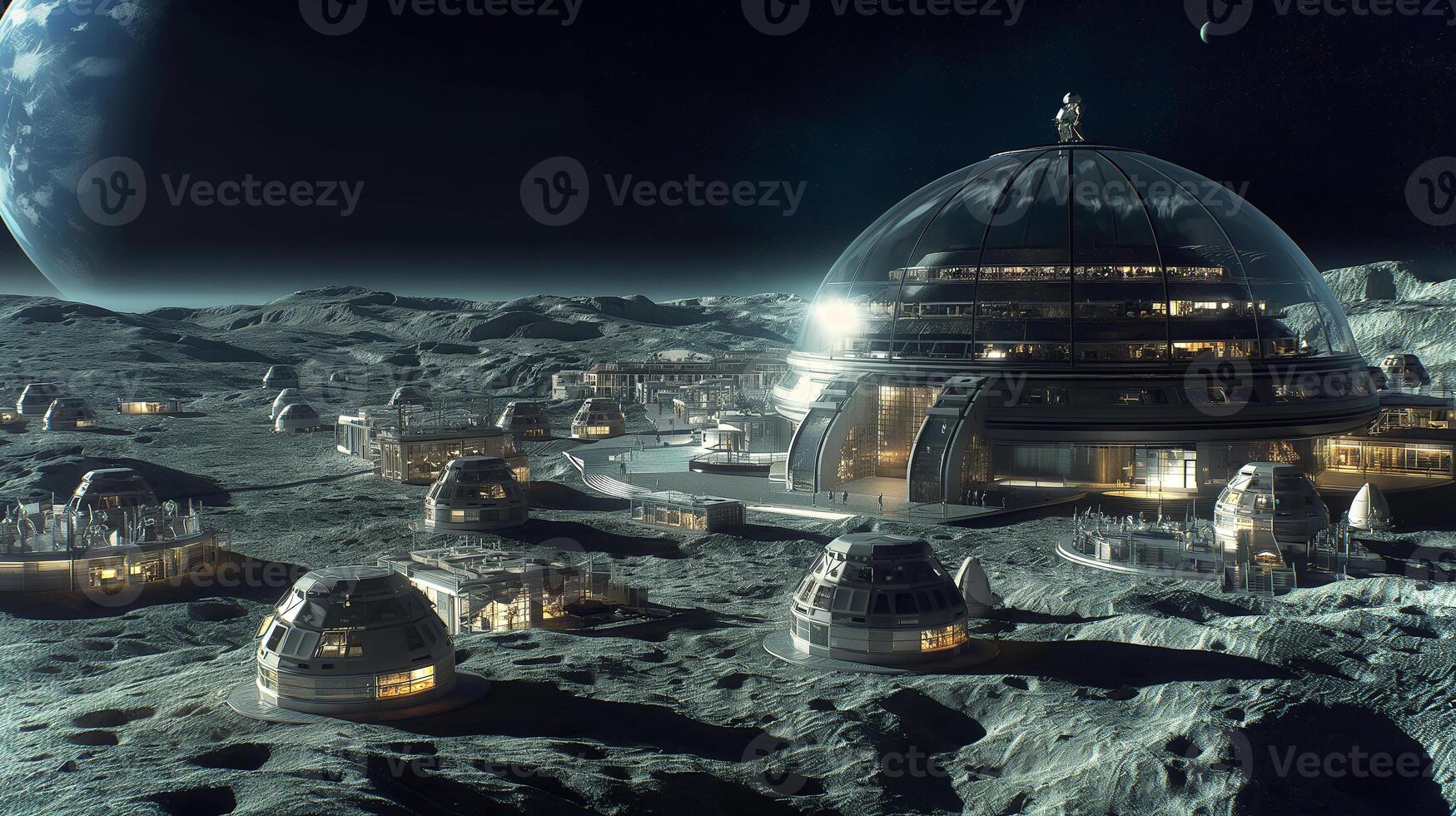 This Lunar colony shows advanced structures designed for space tourists experiencing zero gravity. photo