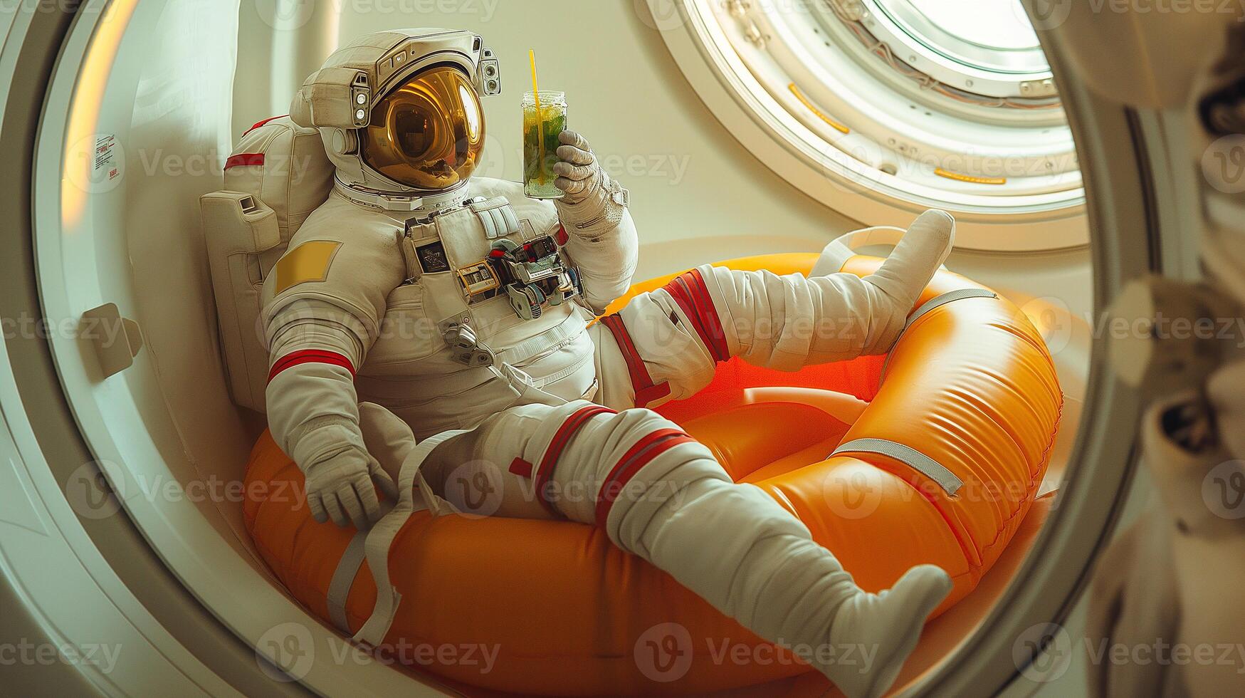 This Passenger in a space hotel relaxes in a bright seat while sipping a drink in zero gravity. photo