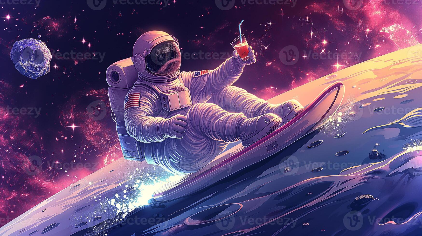 This astronaut sips a drink while gliding on a space board in a vibrant cosmic scene. photo