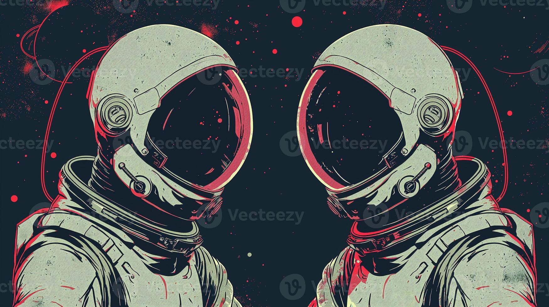 This Two astronauts explore a vibrant space, highlighting the thrill of future space tourism. photo