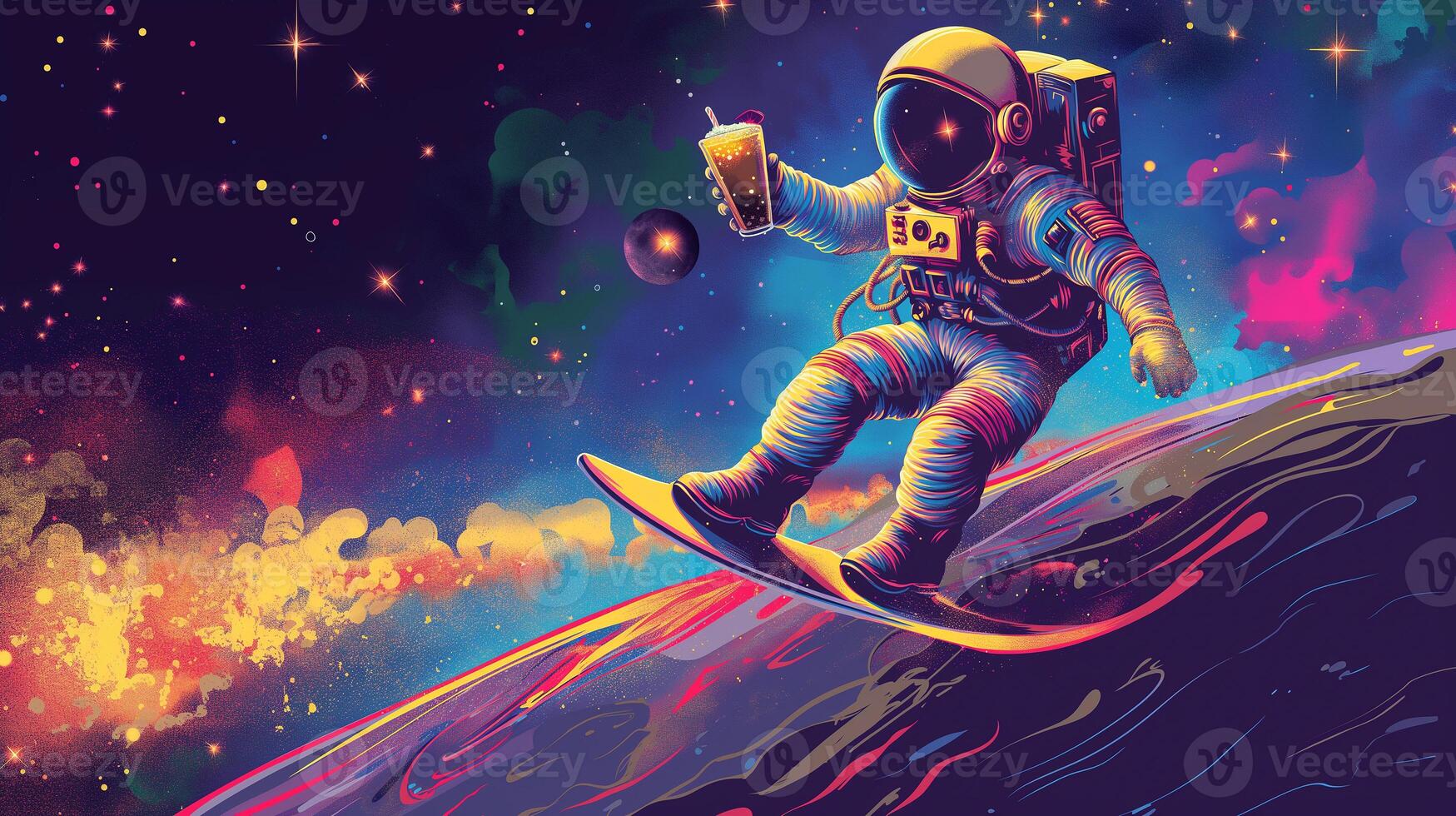 This astronaut enjoys a beverage while riding a surfboard in a colorful space environment. photo
