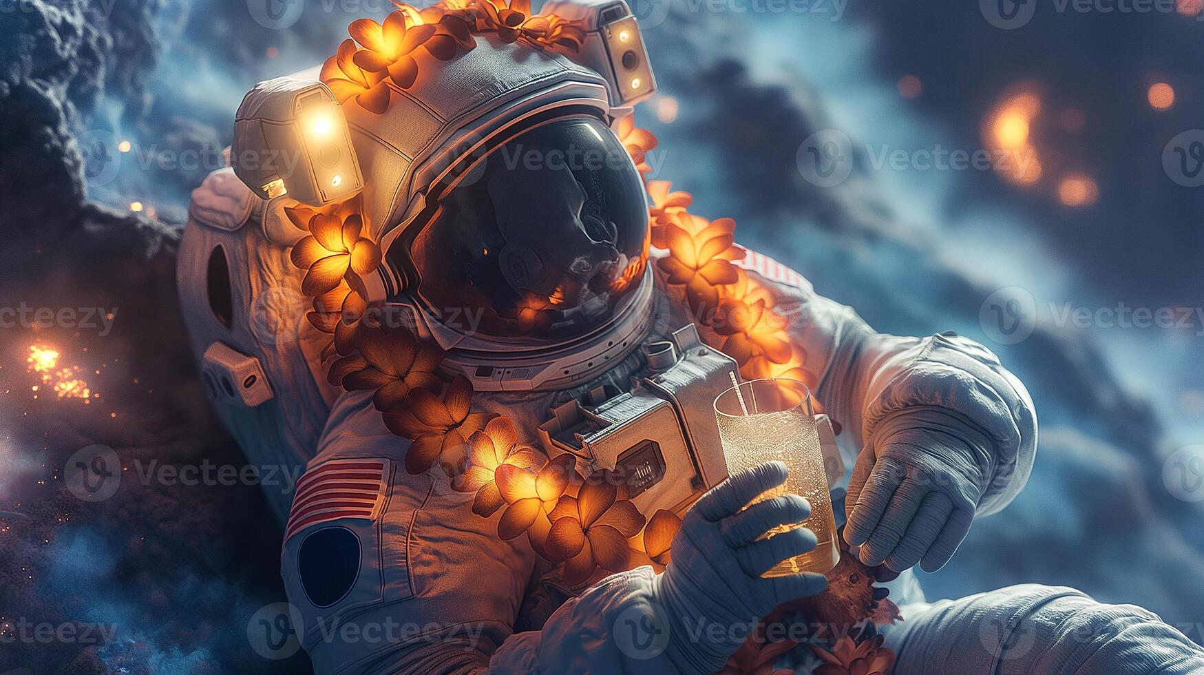 This Astronauts celebrate space tourism with tropical drinks and flower garlands in zero gravity. photo