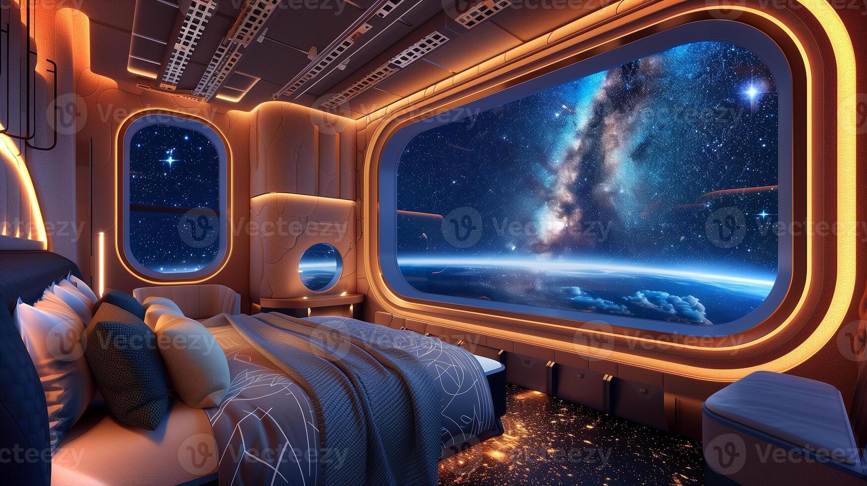 This Experience breathtaking cosmic views from a space hotel suite with zero gravity comfort. photo