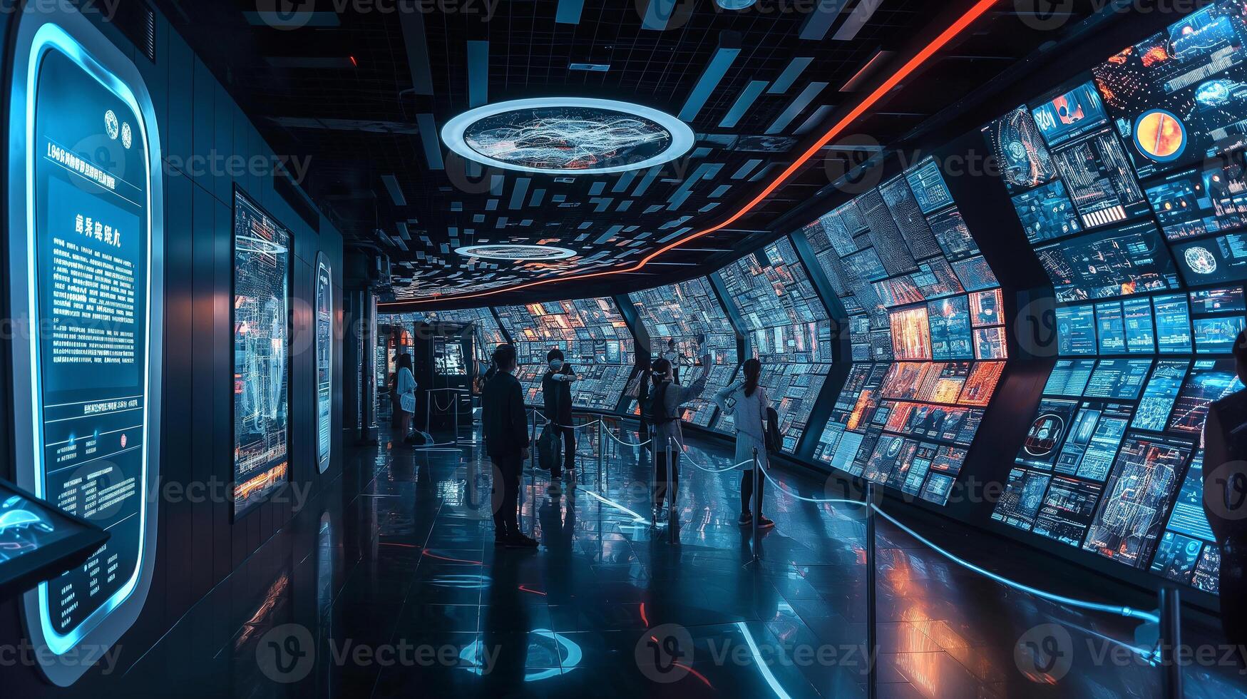 This Visitors engage with advanced displays showcasing space tourism innovations and information. photo