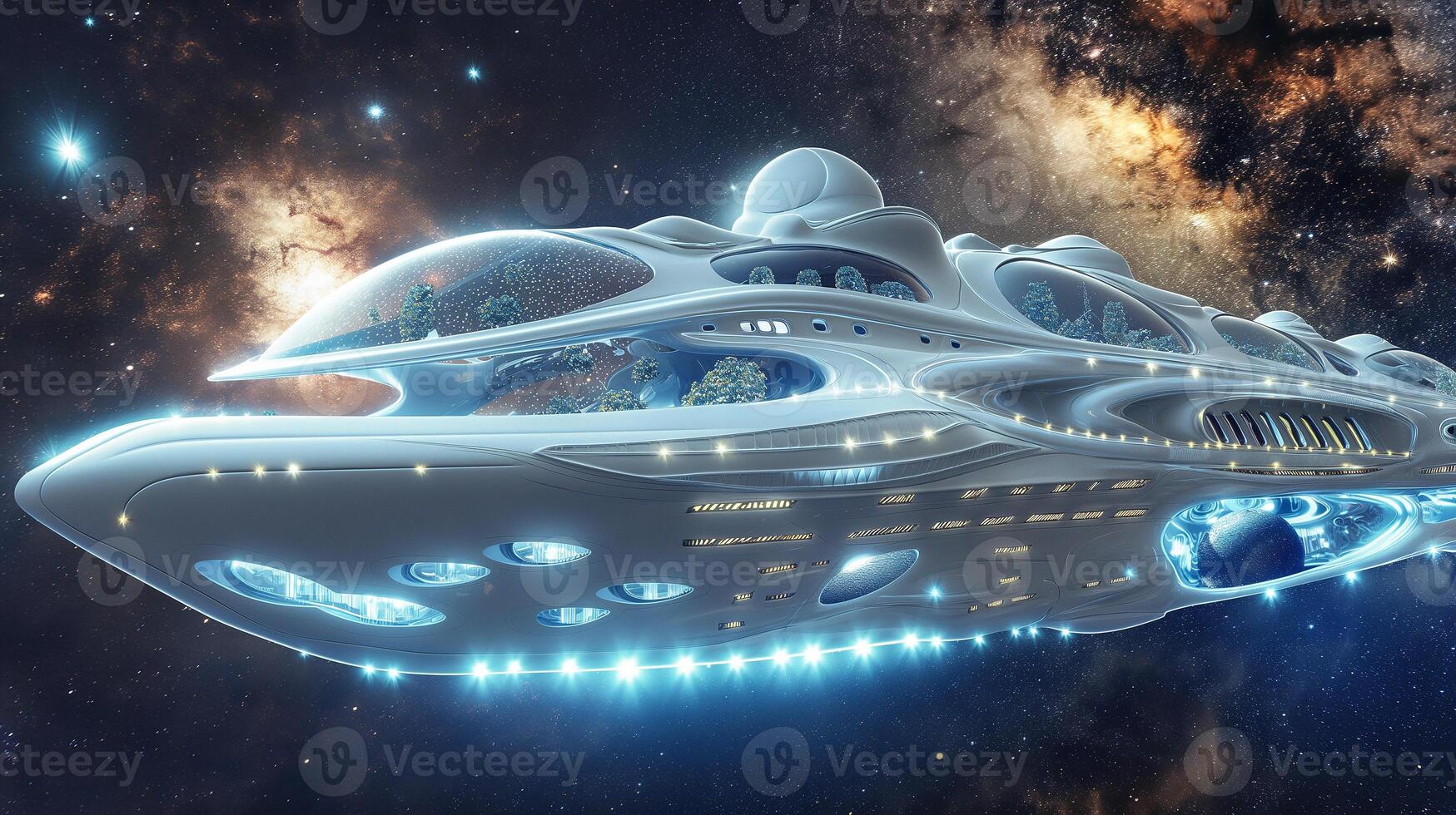 This detailed view of a futuristic hotel spaceship designed for space tourism, floating in the cosmos. photo