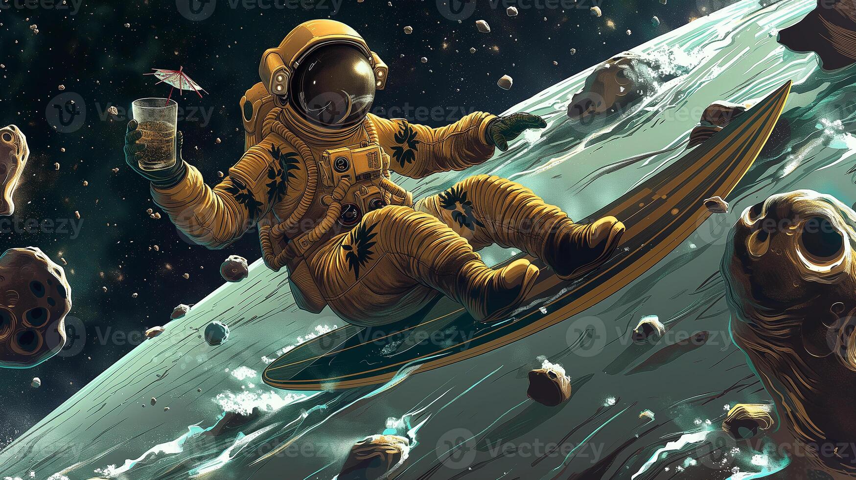 This astronaut enjoys surfing on an asteroid while holding a drink in a zero gravity environment. photo