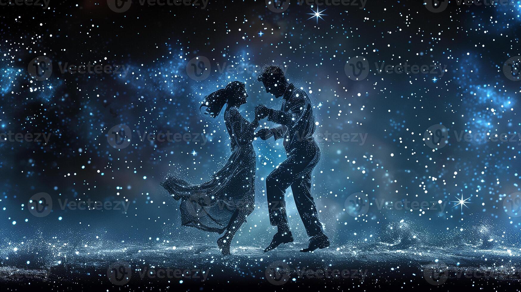 This couple elegantly dances in zero gravity amid a stunning cosmic environment filled with stars. photo
