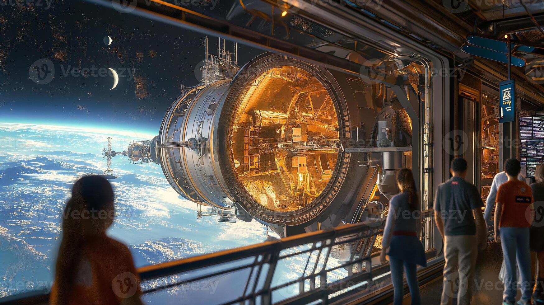 This Tourists gaze out at a stunning space hotel from a viewing area, mesmerized by earth below. photo