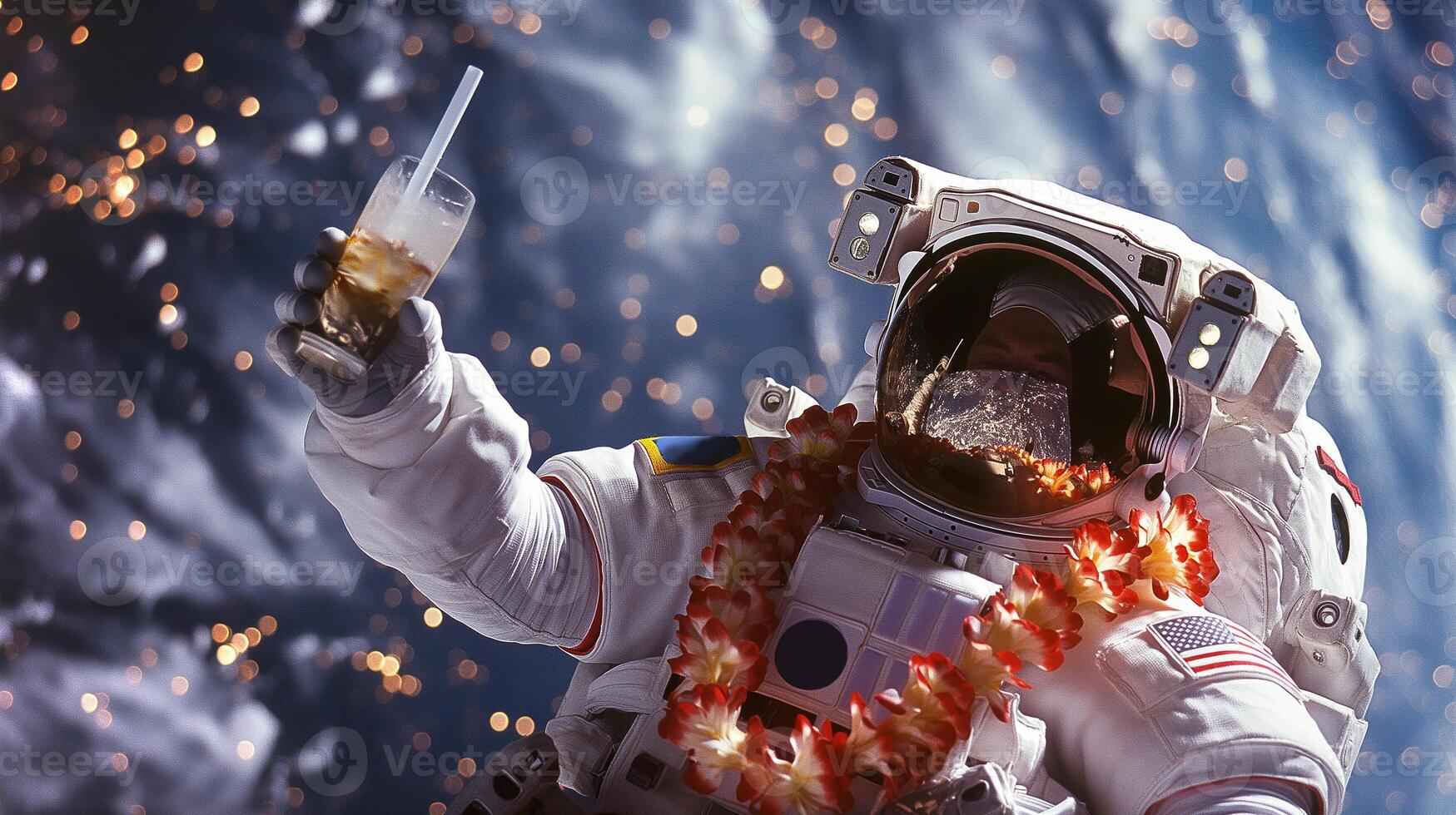This astronaut floats in space, sipping a drink amid a starry backdrop, celebrating leisure. photo
