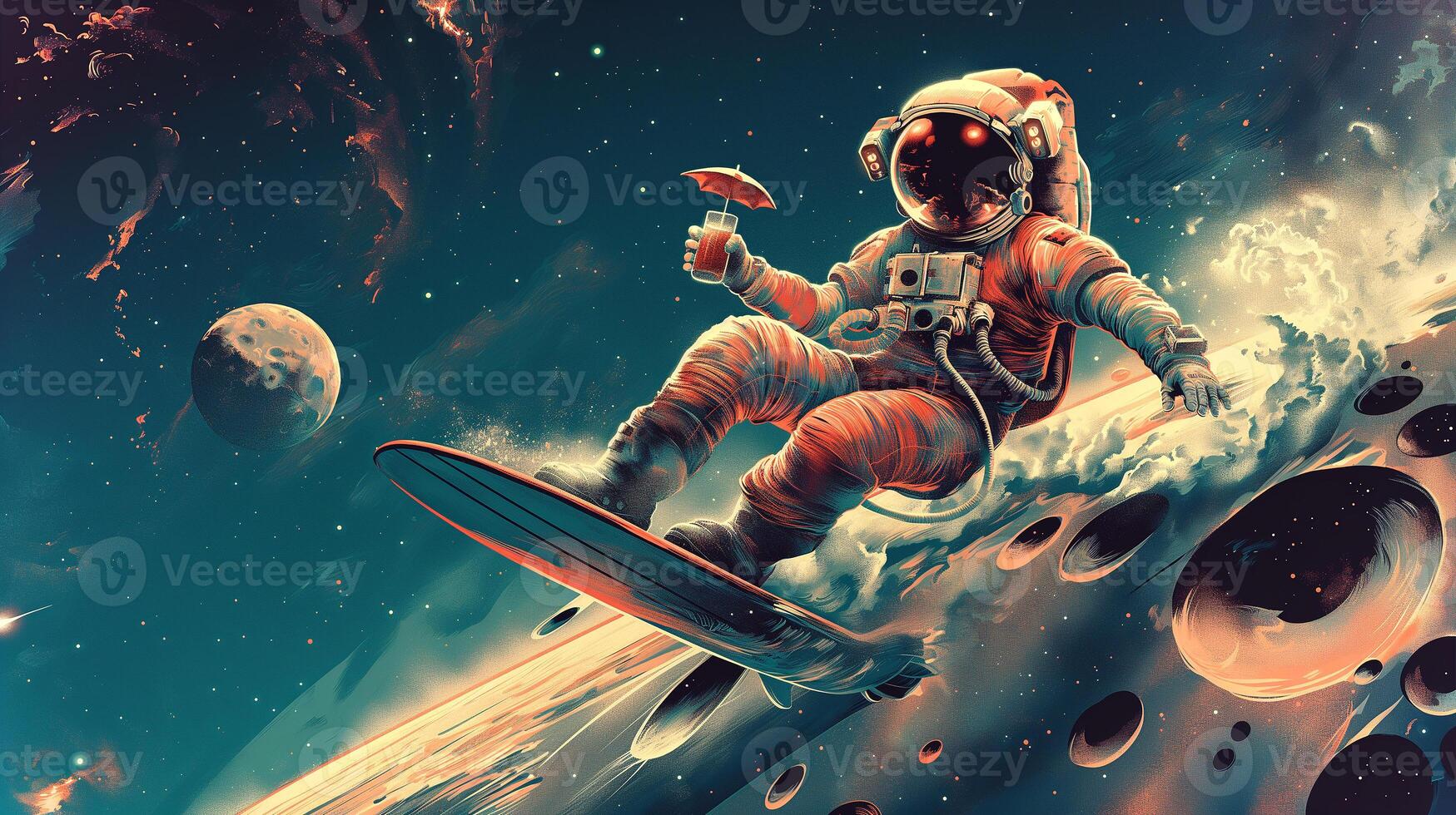 This astronaut glides through space on a surfboard, enjoying a drink in zero gravity waves. photo