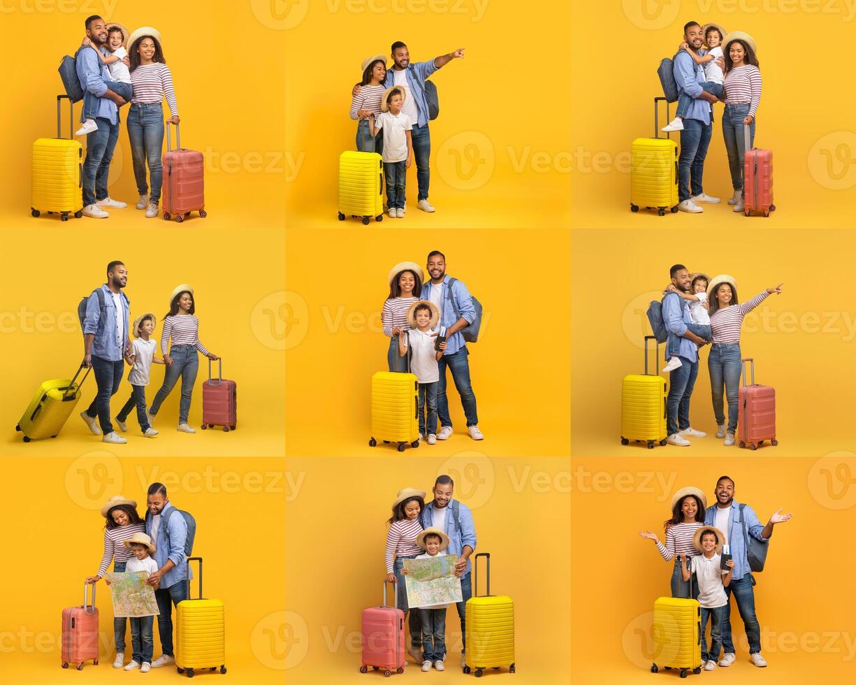 A joyful family stands against a bright yellow backdrop, excited for their adventure. They pose with colorful suitcases, a map, and smiles, capturing the spirit of travel and exploration. photo