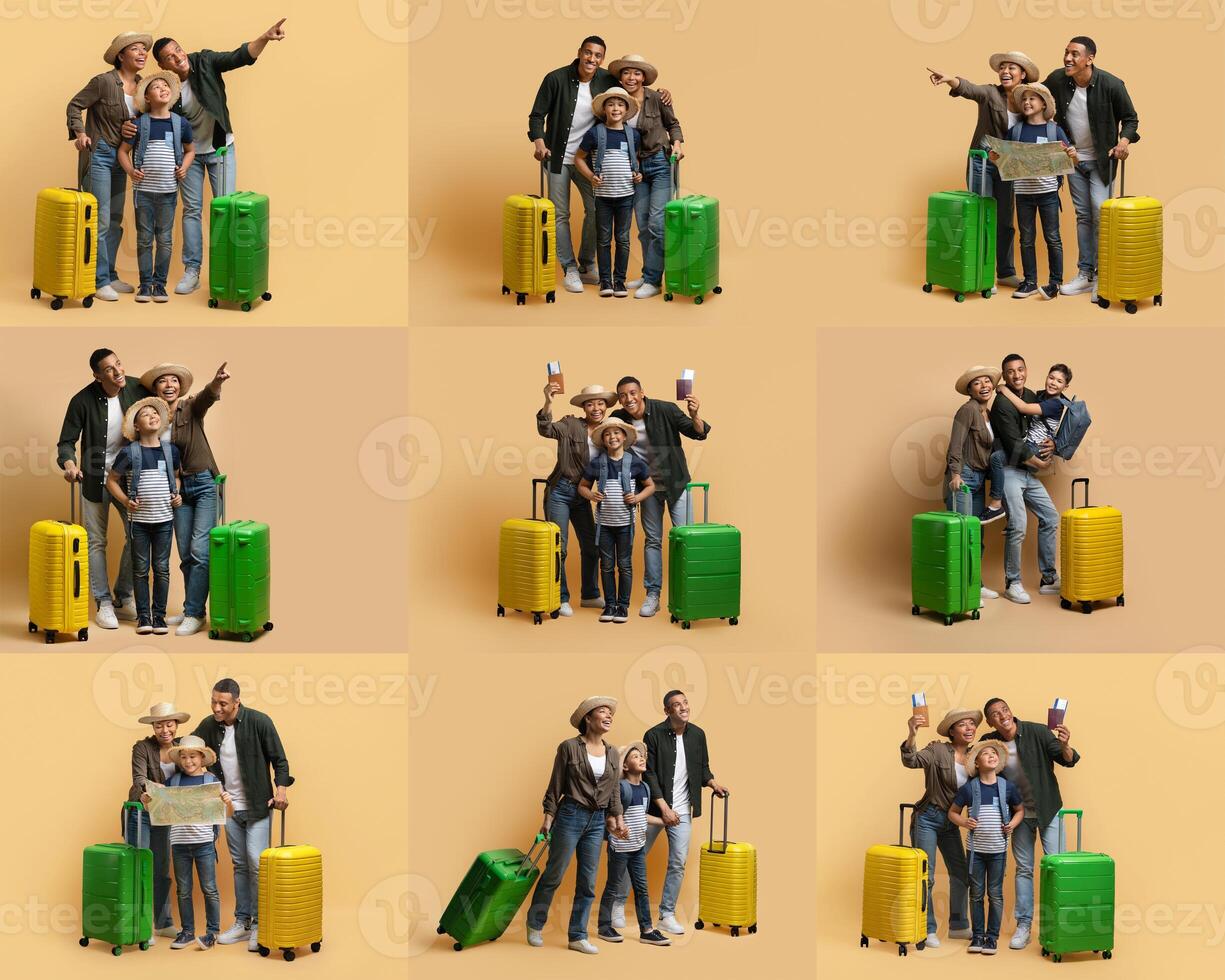 A family enjoys their vacation, posing together with colorful suitcases. They are excitedly planning their journey, embodying a spirit of fun and adventure during their travels. photo