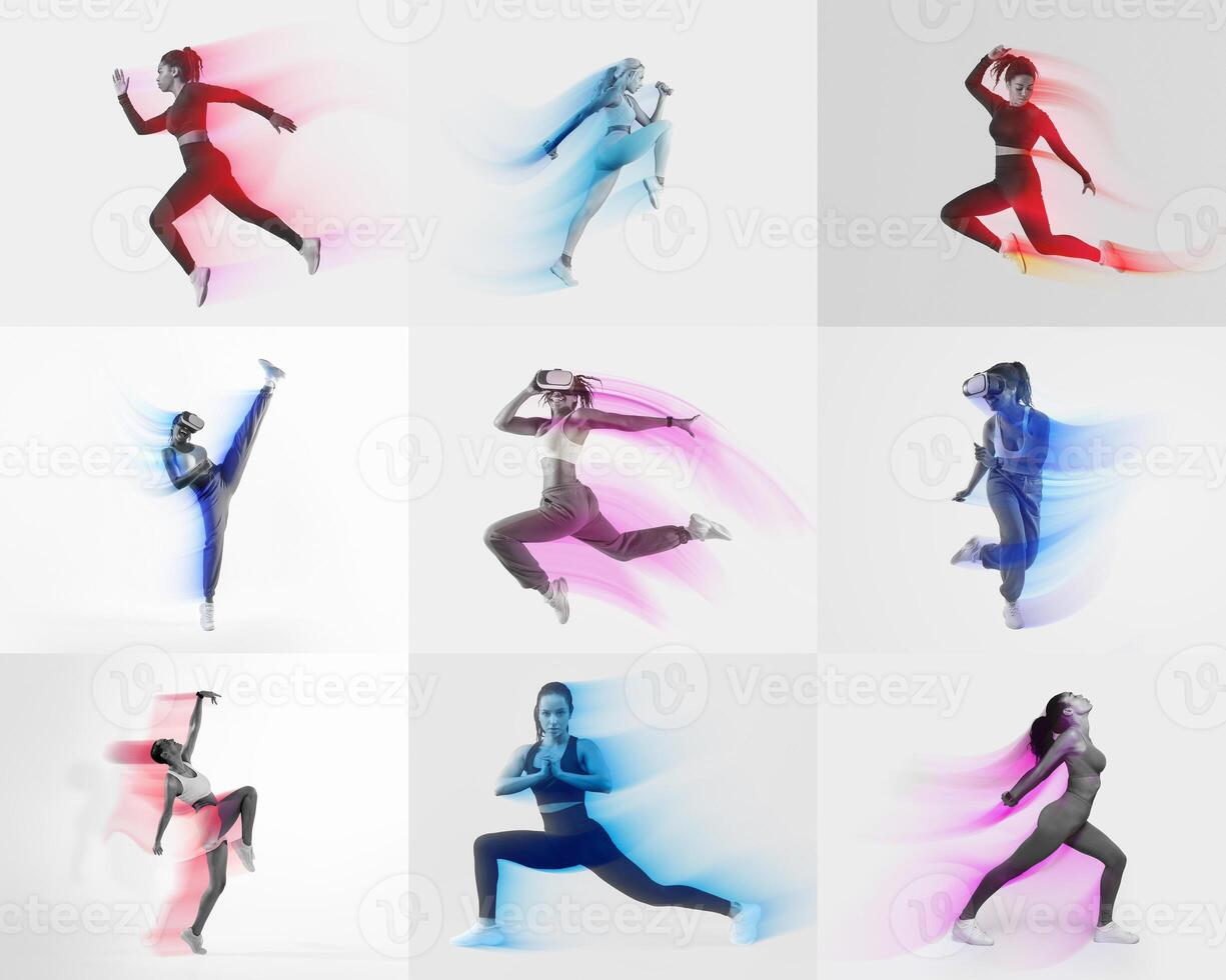 This vibrant collage showcases individuals engaging in various athletic exercises against a minimalist background. The energetic poses highlight fitness and healthy lifestyles. photo