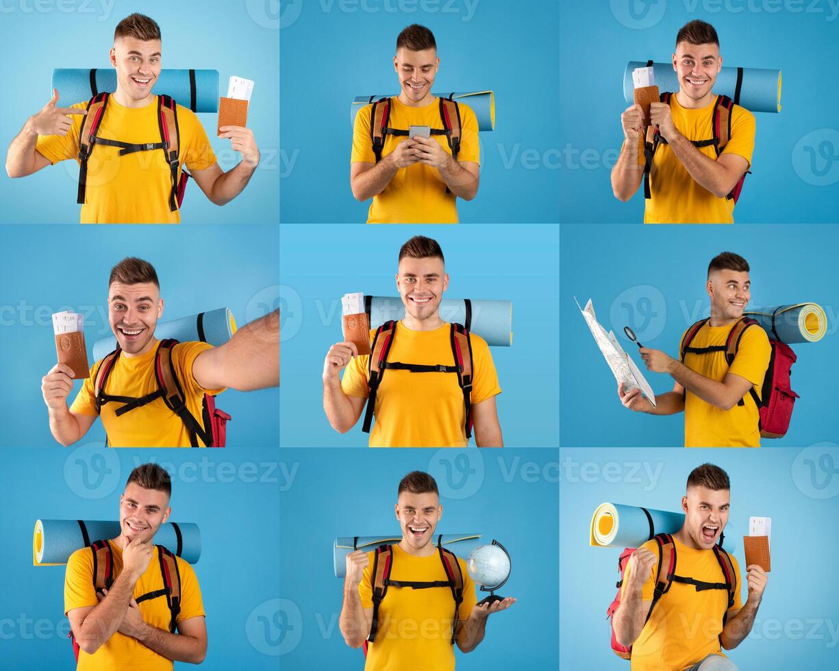 An enthusiastic traveler showcases different elements of adventure, holding a map, globe, and snacks. His bright yellow shirt and backpack highlight the joy of exploration and fun holidays. photo
