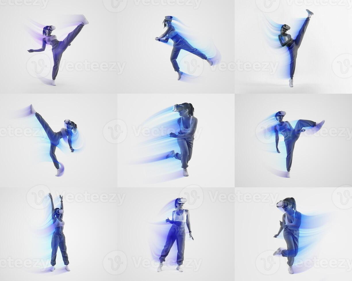 A collage of individuals performing various athletic exercises using virtual reality technology. The scene showcases diverse workouts, emphasizing movement and healthy lifestyles in a modern setting. photo