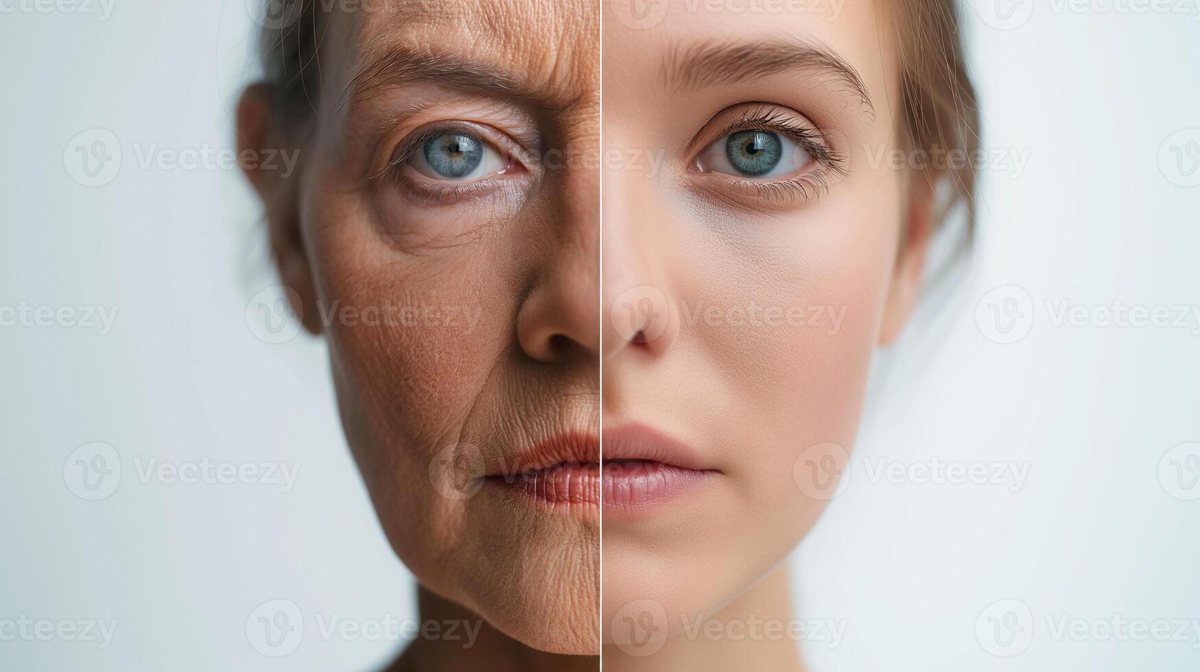 This Juxtaposed faces show aging on one side and rejuvenation from stem cell treatment on the other. photo