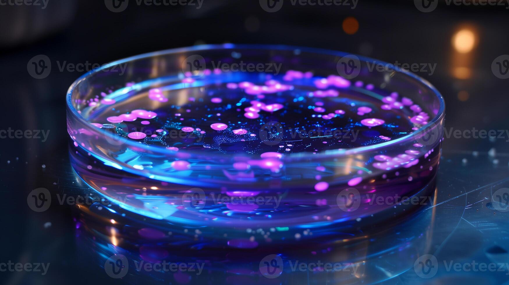 This Brightly colored stem cells proliferating in a petri dish under laboratory conditions. photo