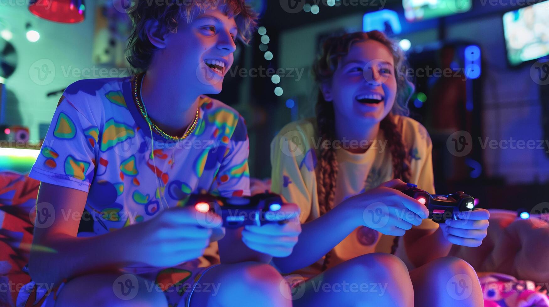 This Friends enjoy gaming together in a lively atmosphere filled with colorful lights and laughter. photo