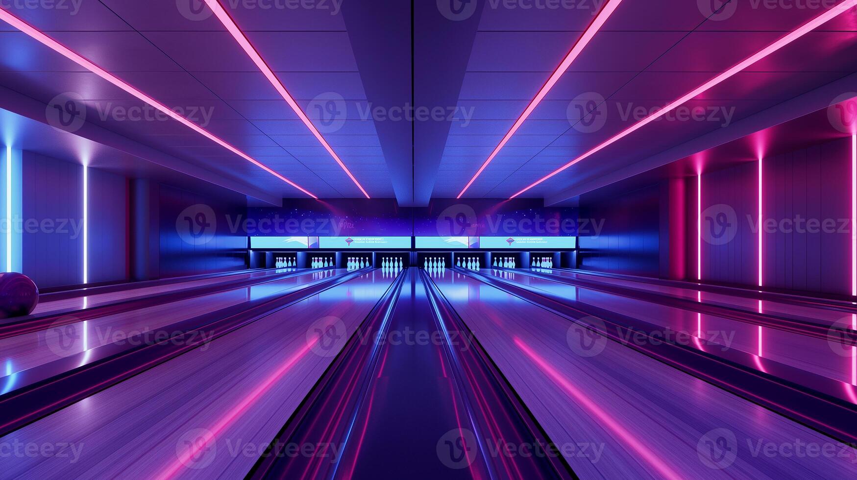 This Neon lights illuminate the bowling alley, setting a vibrant party atmosphere with friends. photo