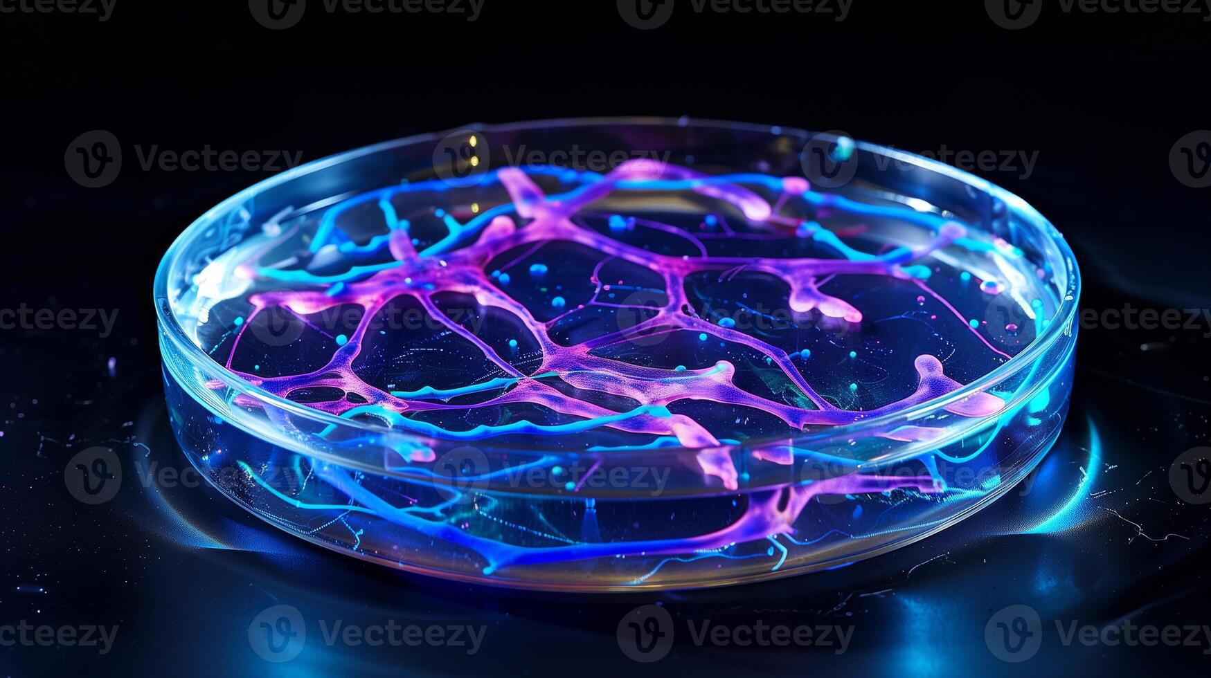 This Colorful stem cells display intricate patterns in a lab petri dish illuminated by artificial light. photo